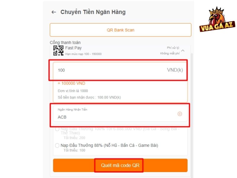 Chọn chuyển tiền ngân hàng và thực hiện nạp tiền Vua Gà AZ