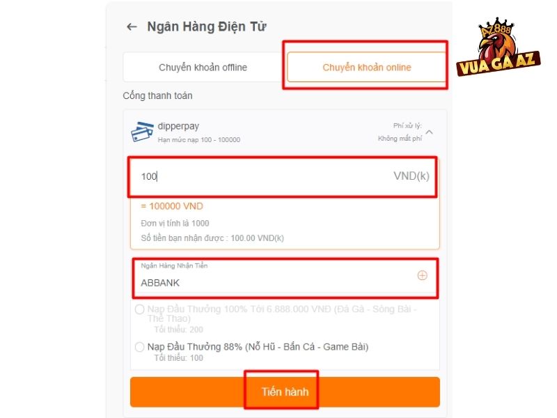 Nạp tiền Vua Gà AZ với hình thức chuyển khoản online