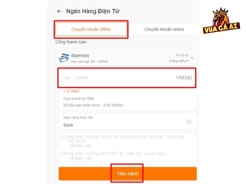 Nạp tiền Vua Gà AZ với ngân hàng điện tử offline