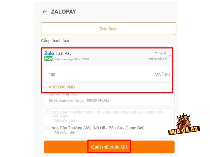 Thực hiện nạp tiền Vua Gà AZ bằng ZALOPAY